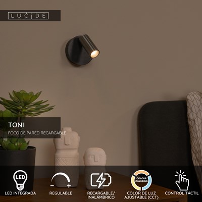 Lucide TONI - Foco de pared / Lámpara de pared Recargable - Batería/acumulador - Ø 8,1 cm - LED Regul. - CCT - 1x2W 2700K/4000K - Magnético - Hierro gris